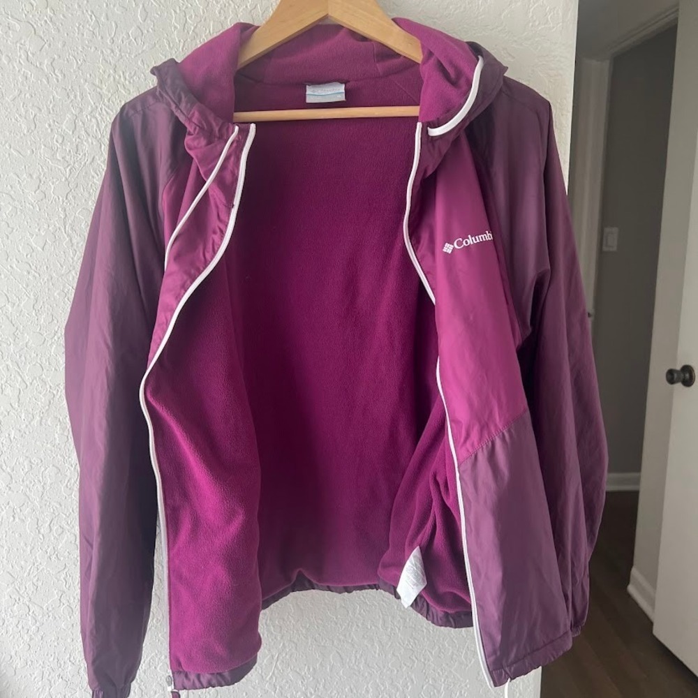 Columbia Womens Purple Fleece Lined Hooded Windbreaker Jacket XL‎ Magenta - Picture 8 of 8